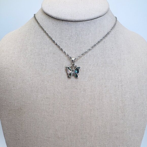 VTG Sterling Silver 925 Abalone Butterfly Pendant Necklace Size 18" Adjustable - Picture 1 of 14
